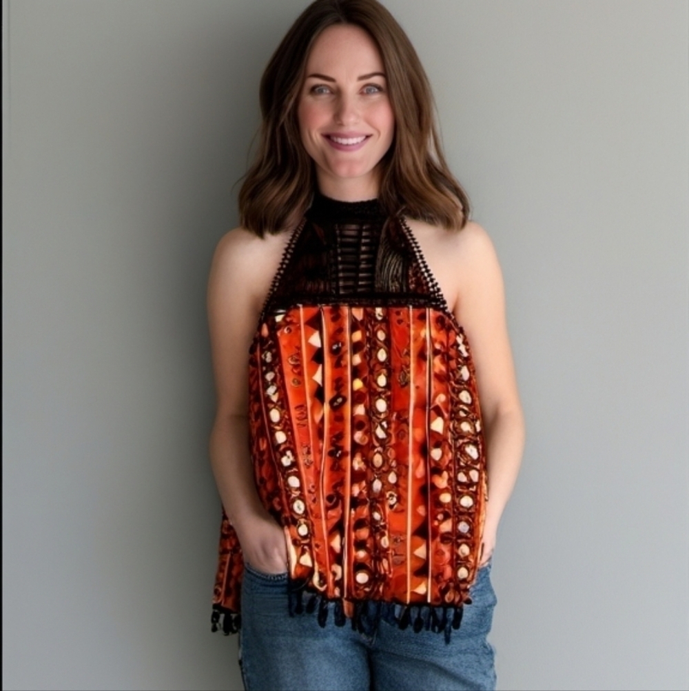 New Love J size S‎ orange black teasels top summer embroidery lace blouse